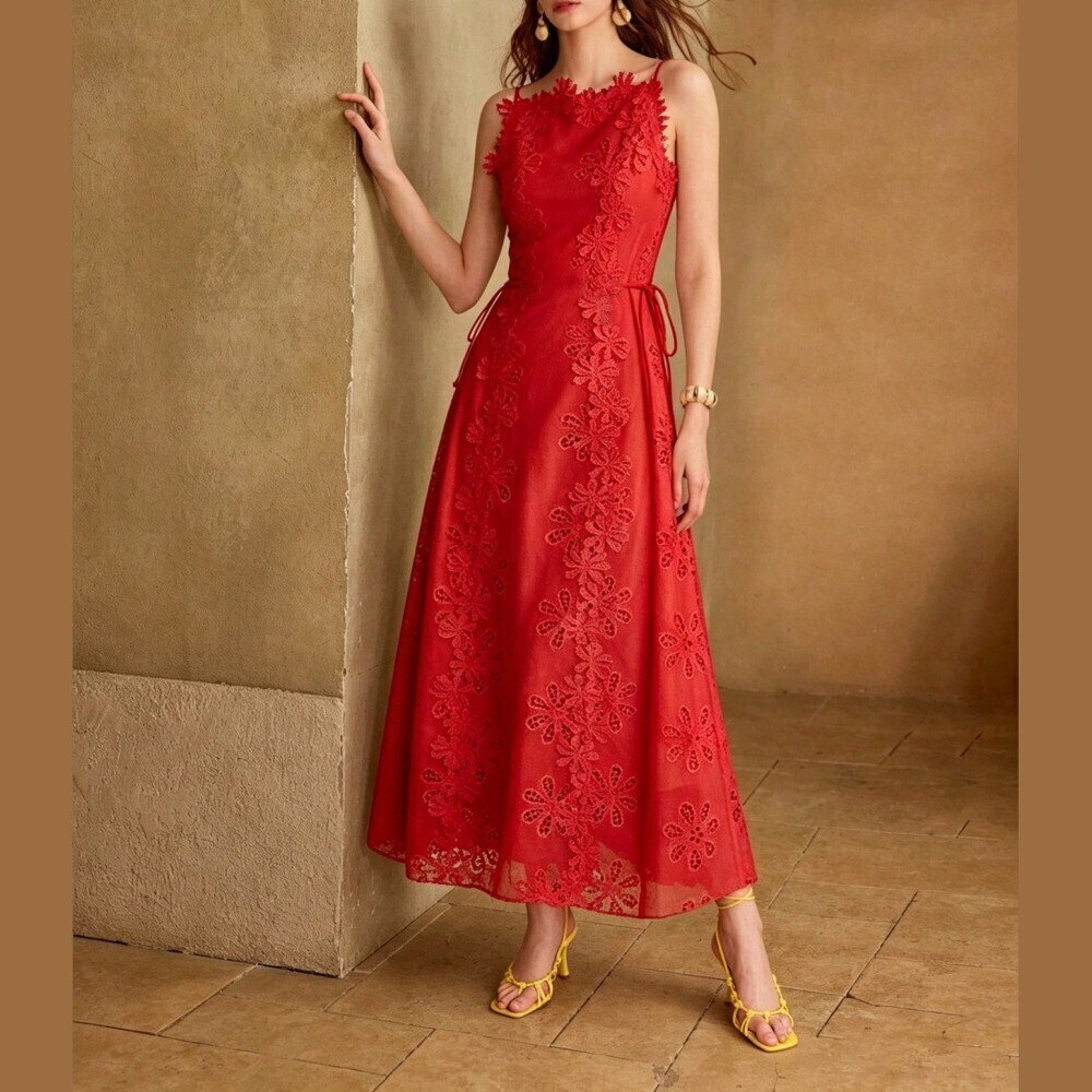 Red Floral Lace Applique Maxi Dress with Tie Waist - Picture 2 of 7